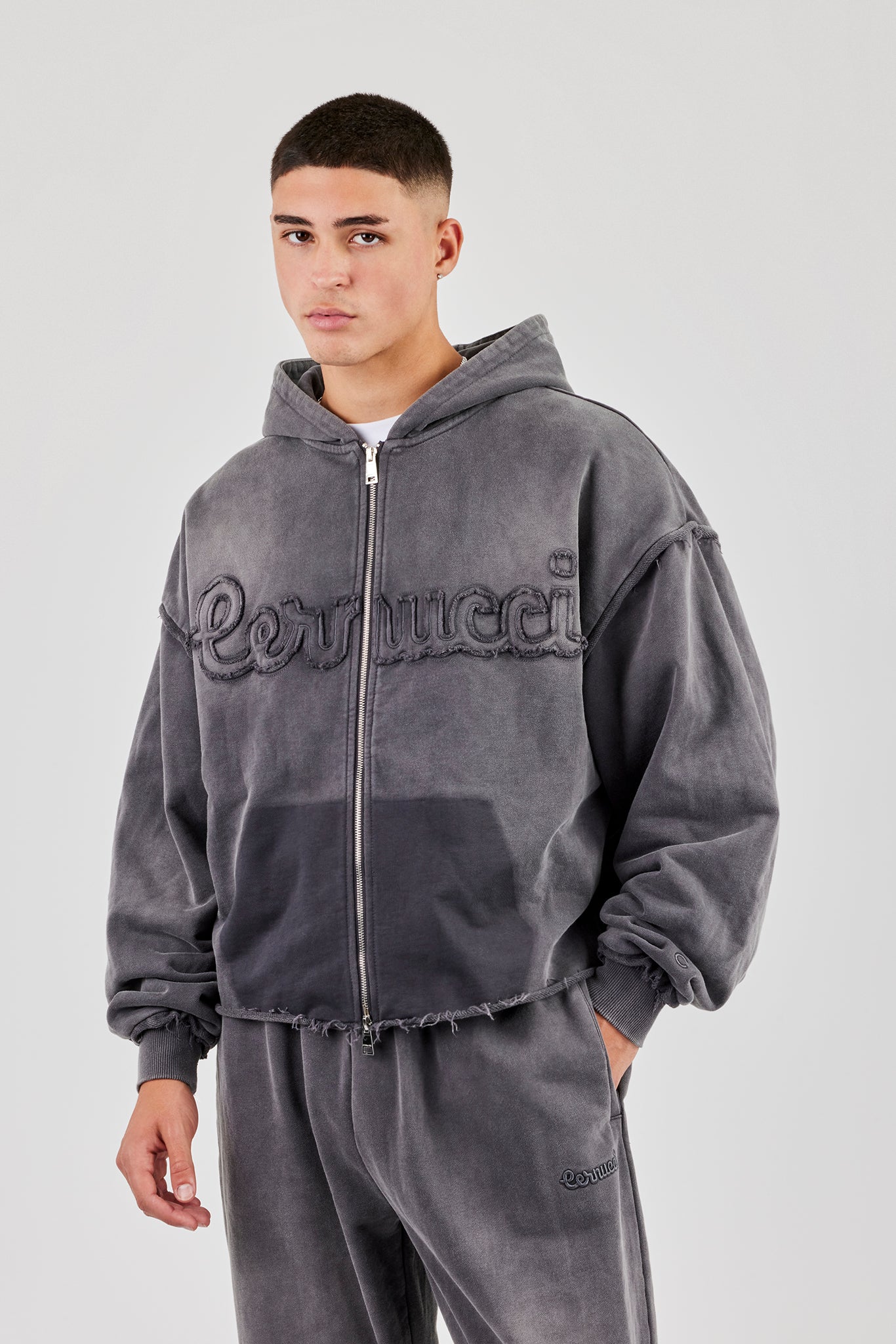 Washed Applique Zip Through Hoodie - Grey | Mens Hoodies & Sweats