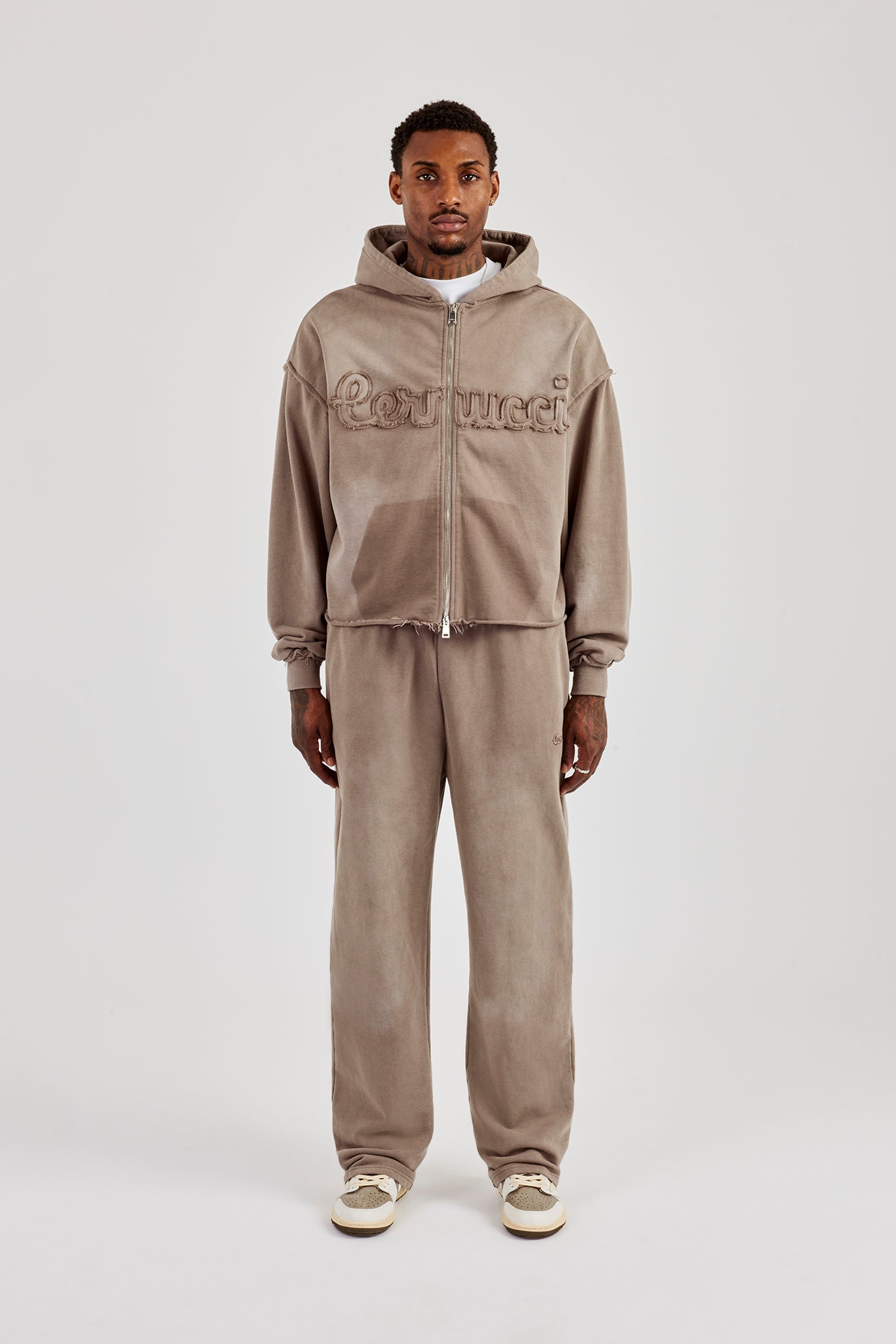 Washed Applique Zip Through Hoodie & Relaxed Jogger - Brown