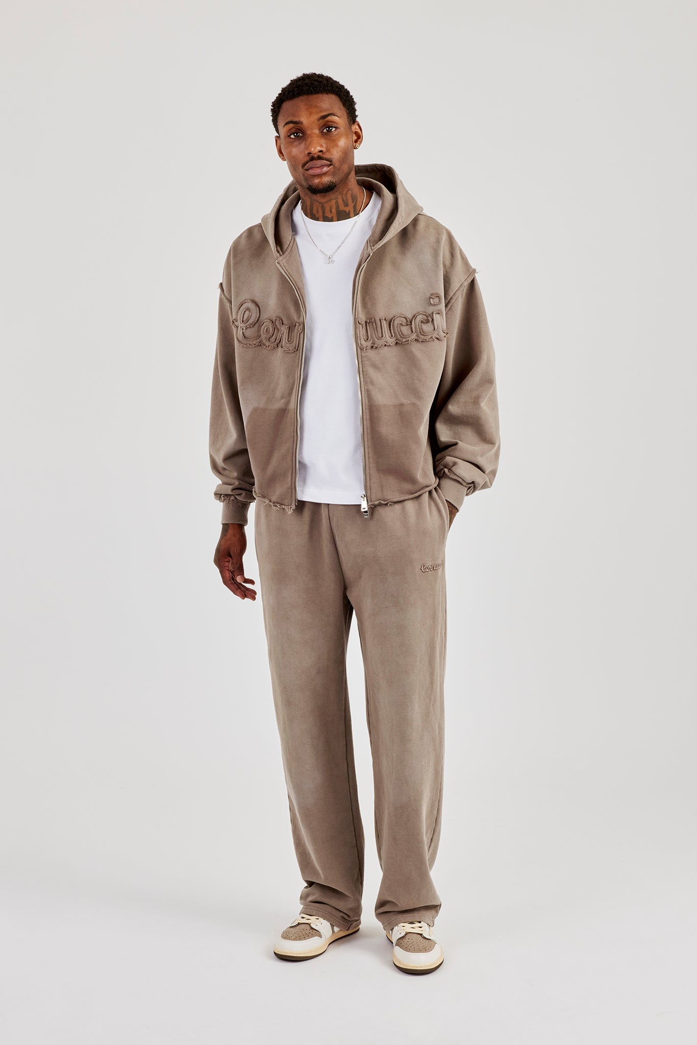 Washed Applique Zip Through Hoodie & Relaxed Jogger - Brown