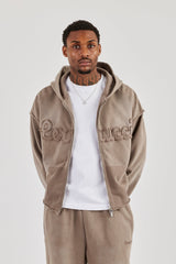 Washed Applique Zip Through Hoodie - Brown