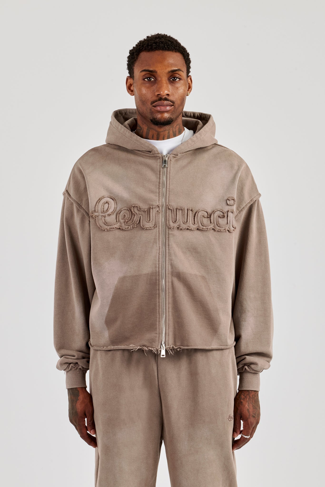 Washed Applique Zip Through Hoodie - Brown | Mens Hoodies & Sweats