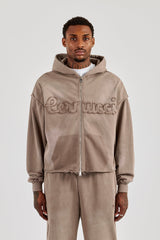 Washed Applique Zip Through Hoodie - Brown
