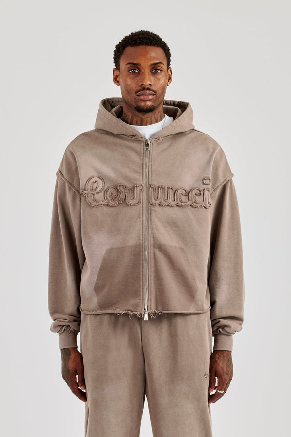 Washed Applique Zip Through Hoodie - Brown