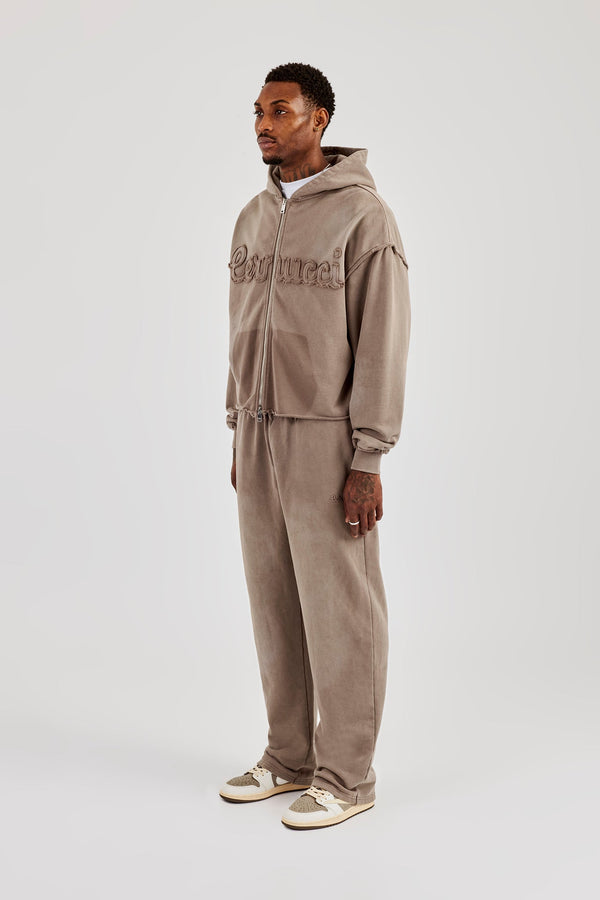 Washed Applique Zip Through Hoodie & Relaxed Jogger - Brown