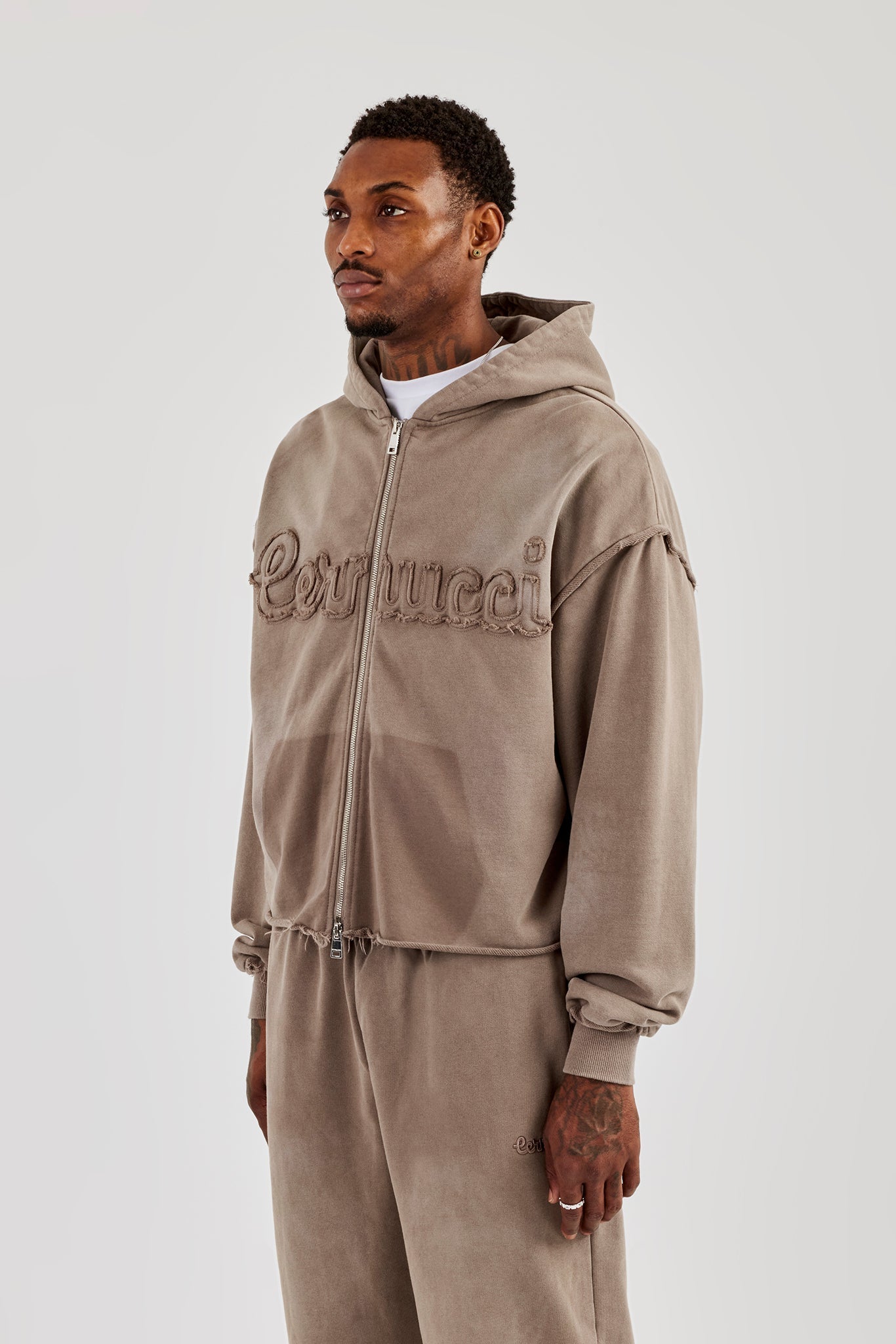 Washed Applique Zip Through Hoodie - Brown