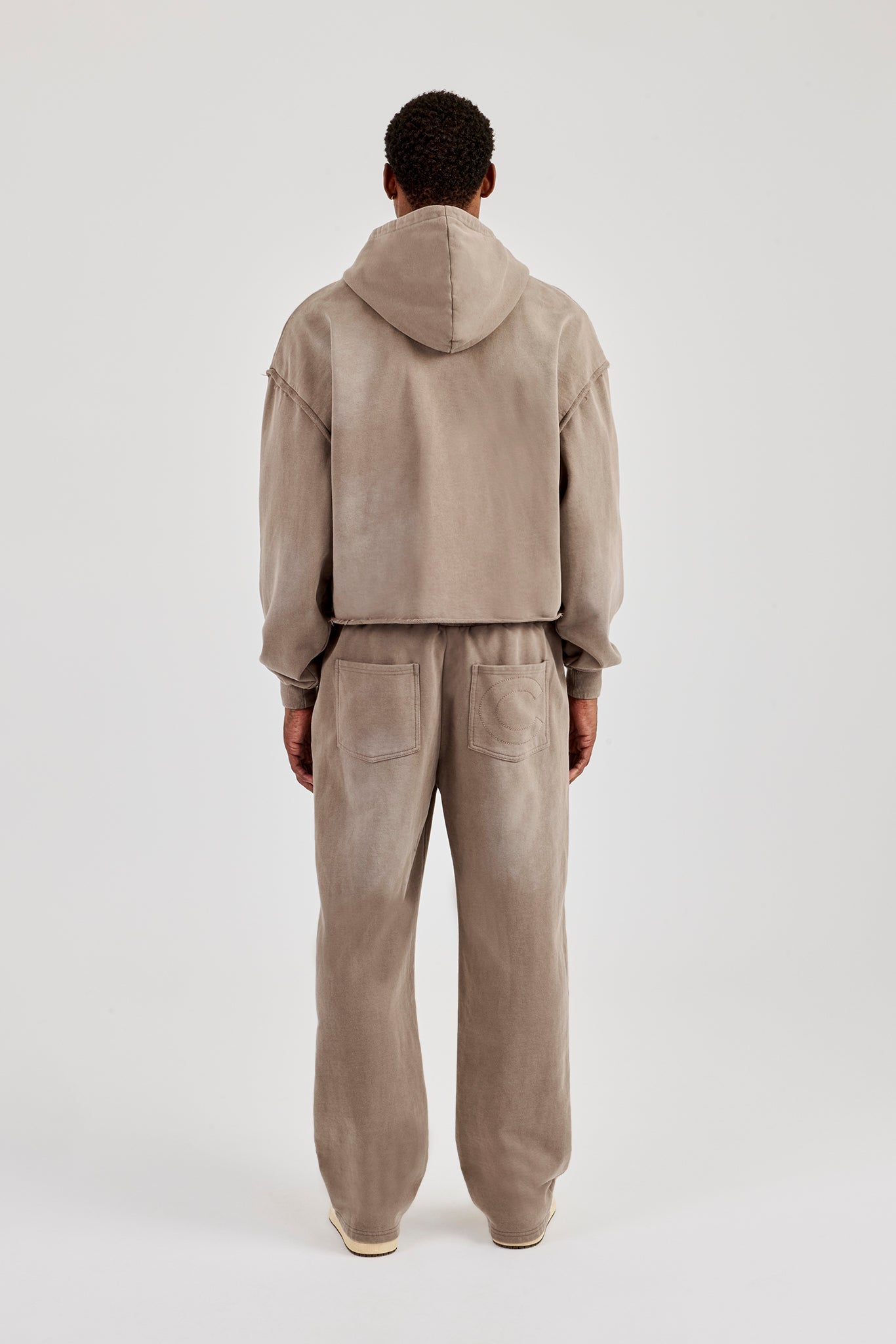Washed Applique Zip Through Hoodie & Relaxed Jogger - Brown