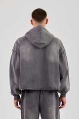 Washed Applique Zip Through Hoodie - Grey