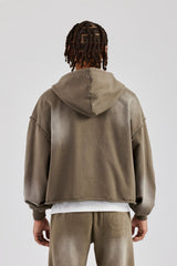 Washed Applique Zip Through Hoodie - Khaki