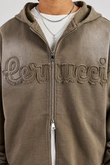 Washed Applique Zip Through Hoodie - Khaki