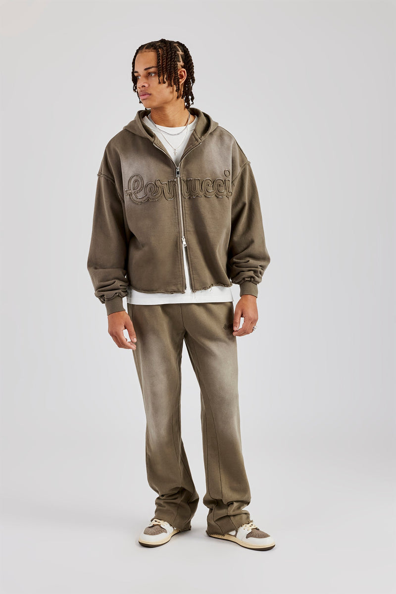 Washed Applique Zip Through Tracksuit - Khaki