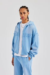 Washed Applique Zip Through Hoodie - Blue