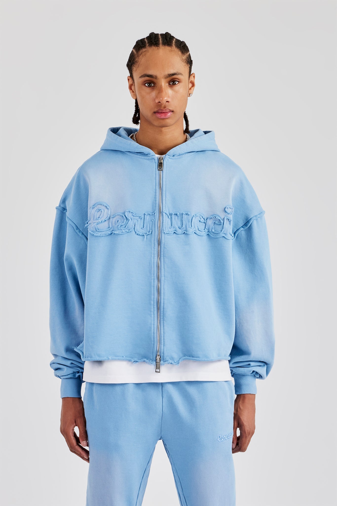Washed Applique Zip Through Hoodie - Blue | Mens Hoodies & Sweats