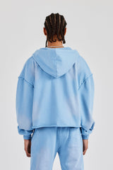 Washed Applique Zip Through Hoodie - Blue