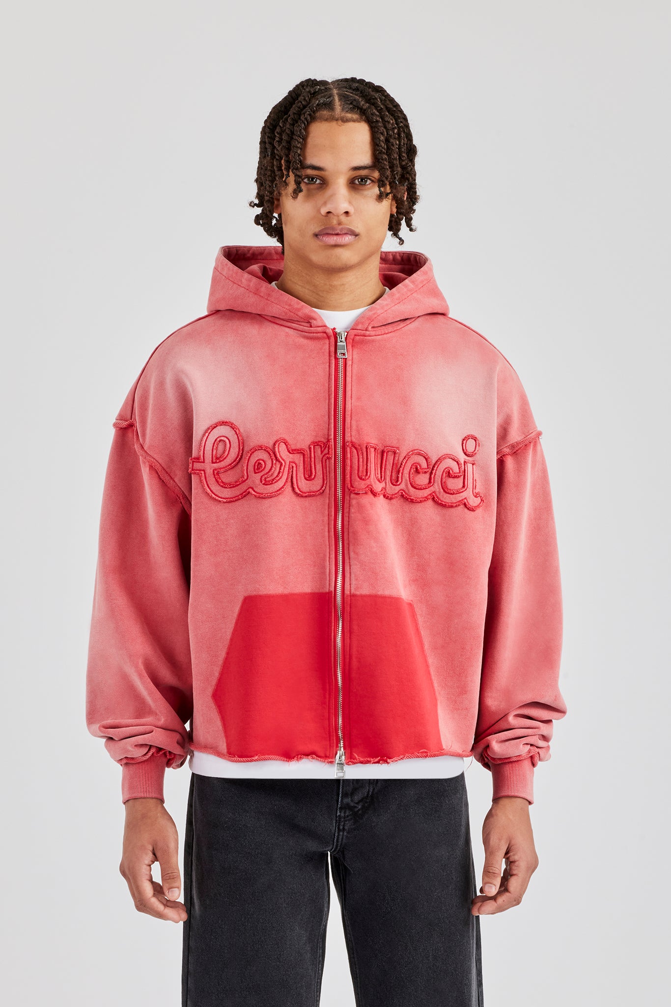 Washed Applique Zip Through Hoodie - Washed Red