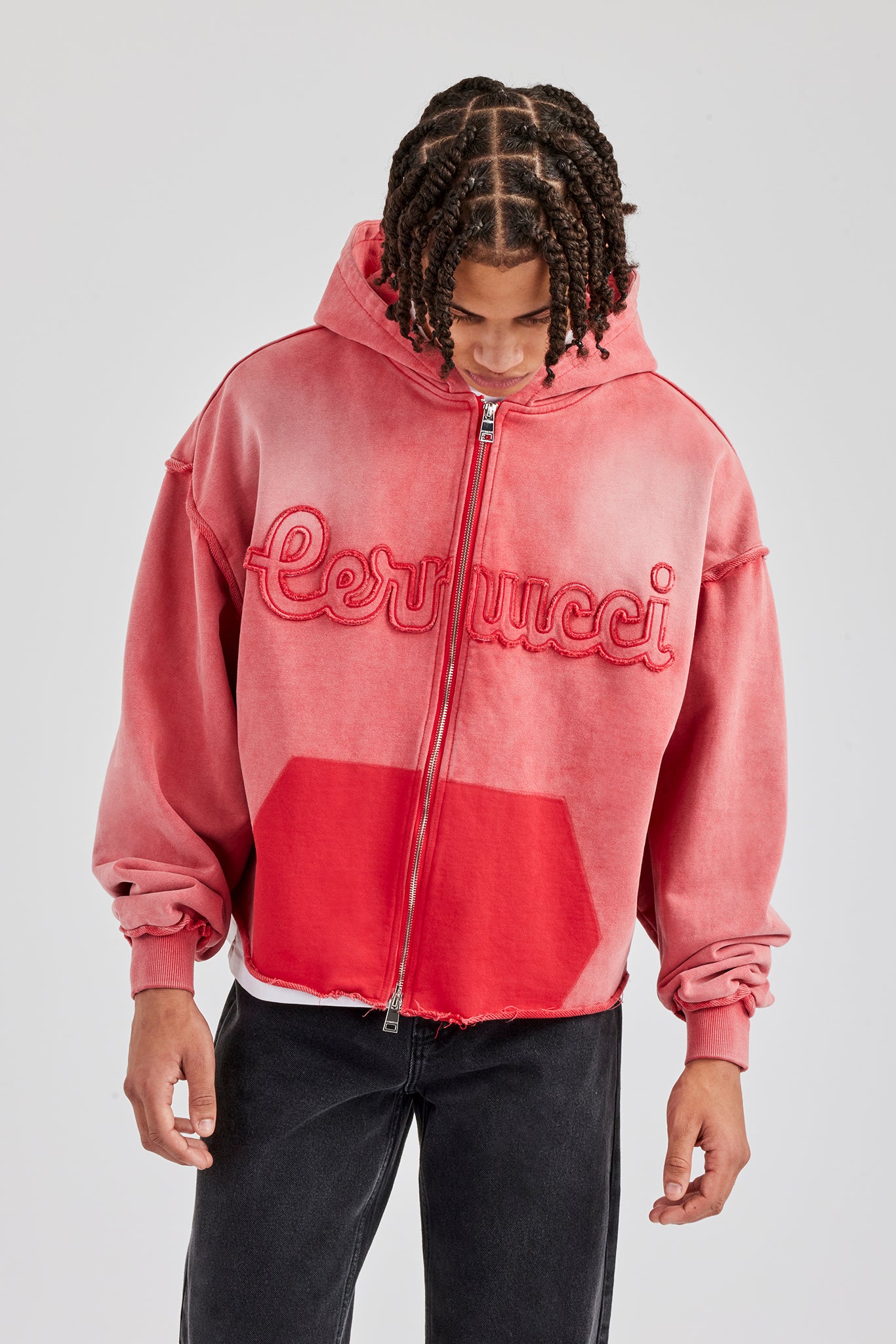 Washed Applique Zip Through Hoodie - Washed Red