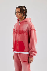 Washed Applique Zip Through Hoodie - Washed Red