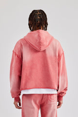 Washed Applique Zip Through Hoodie - Washed Red