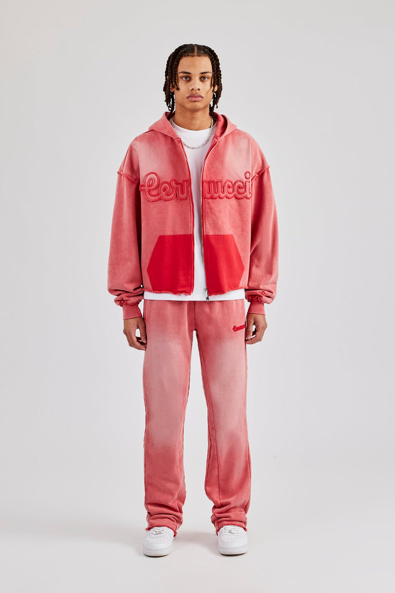 Washed Applique Zip Through Hoodie - Washed Red