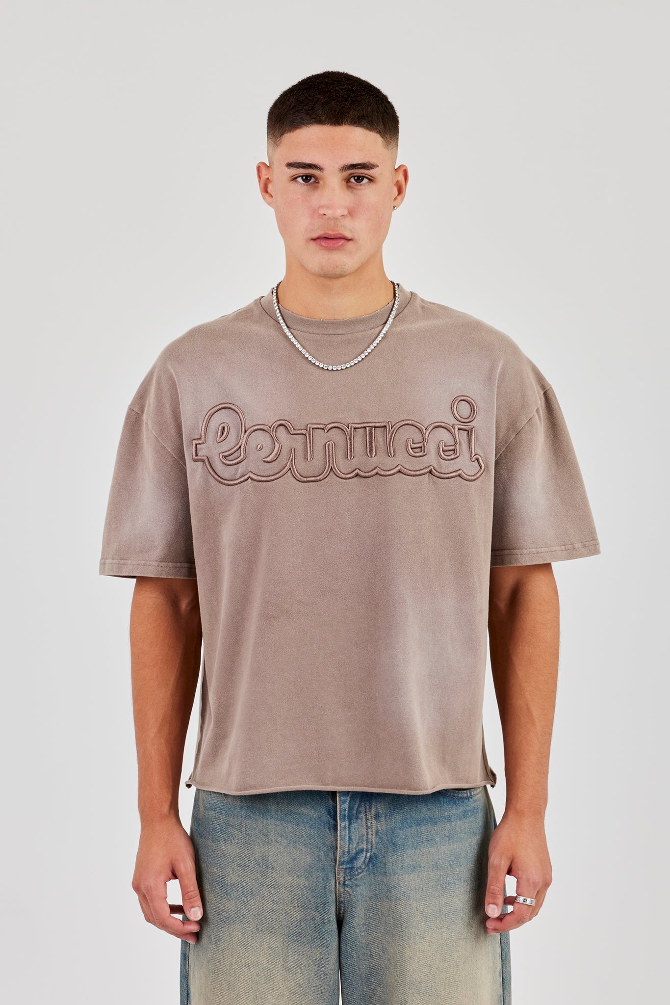 Boxy Washed Embroidered T-Shirt - Brown