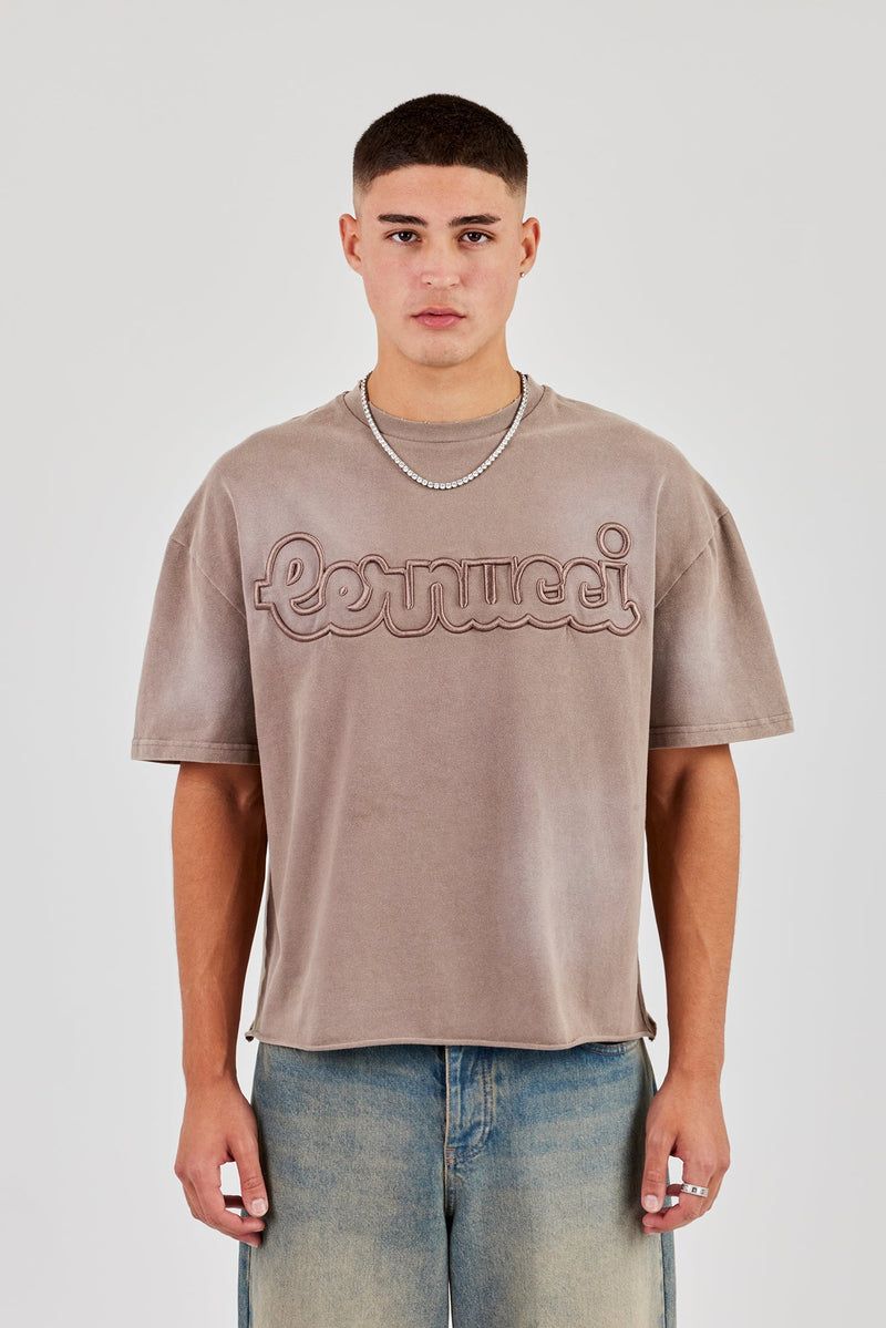 Boxy Washed Embroidered T-Shirt - Brown