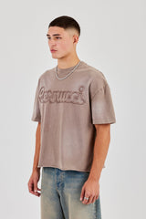 Boxy Washed Embroidered T-Shirt - Brown