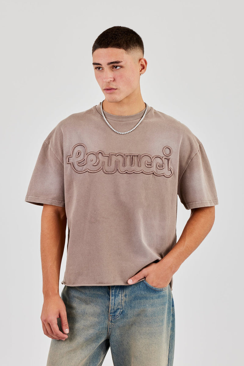 Boxy Washed Embroidered T-Shirt - Brown