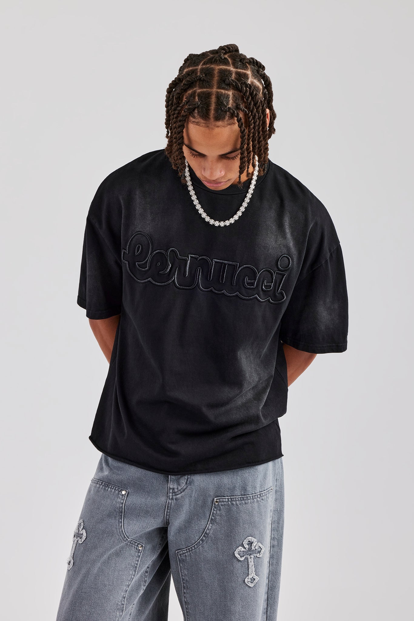 Boxy Washed Embroidered T-Shirt - Black