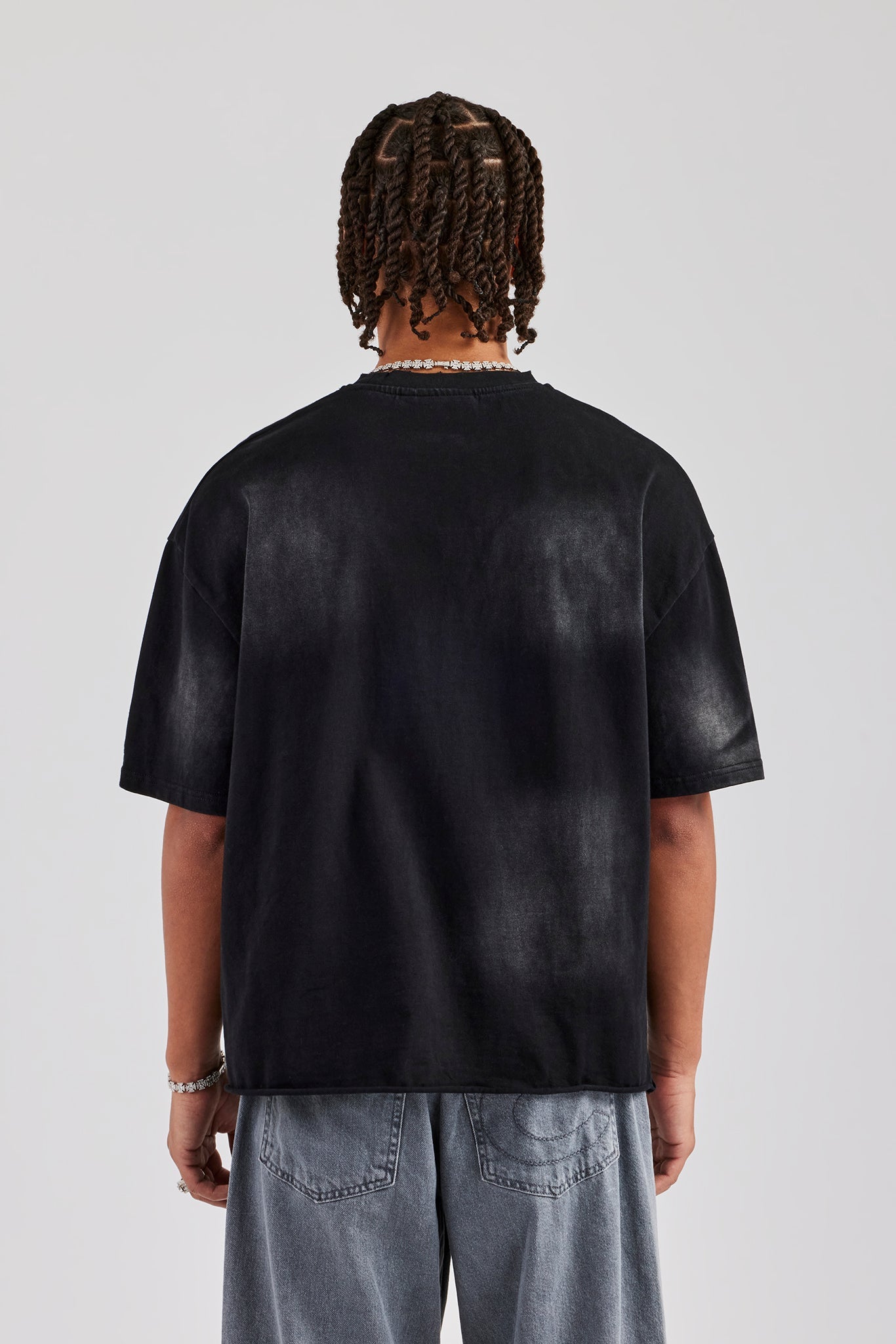 Boxy Washed Embroidered T-Shirt - Black