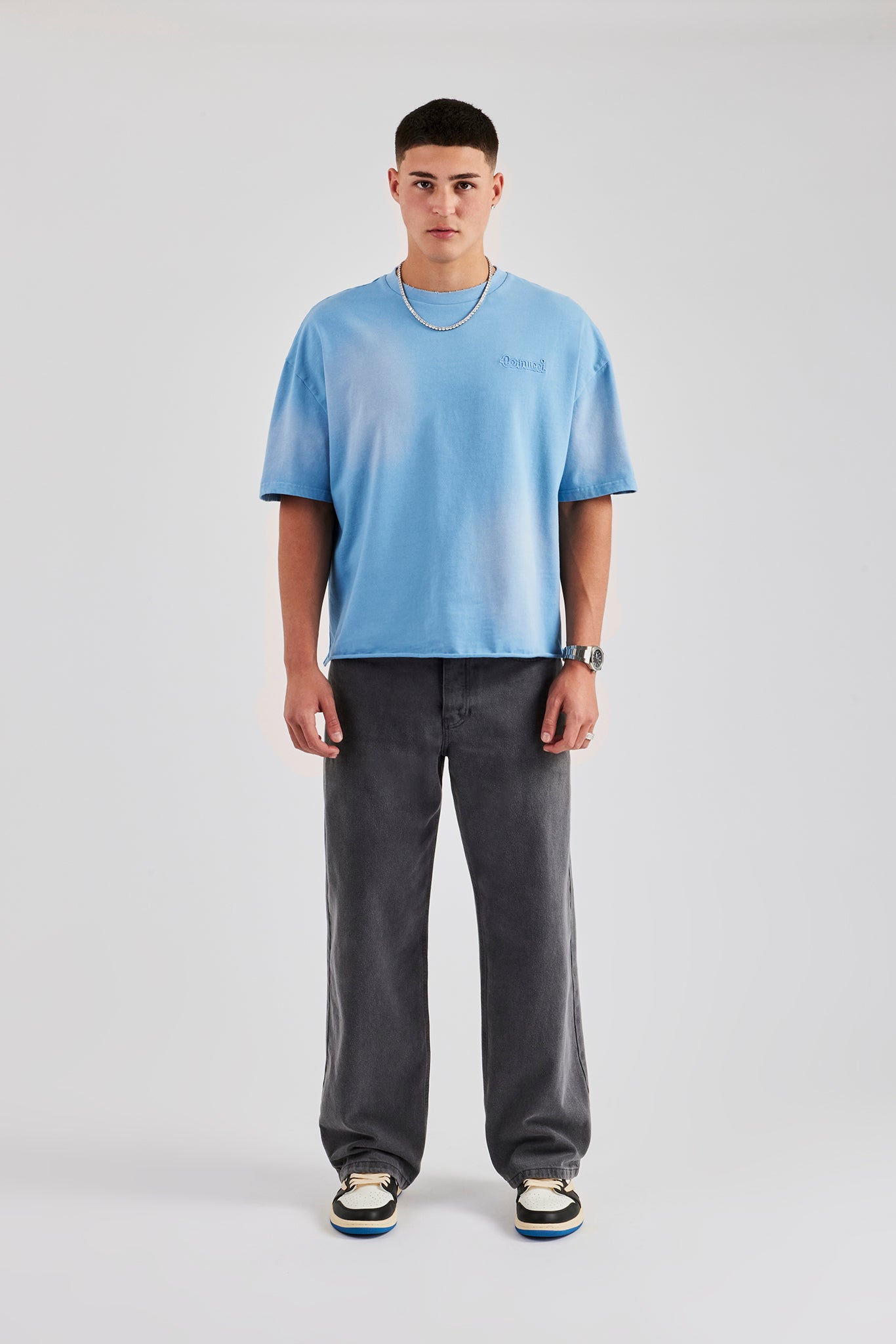Boxy Washed Embroidered T-Shirt - Blue