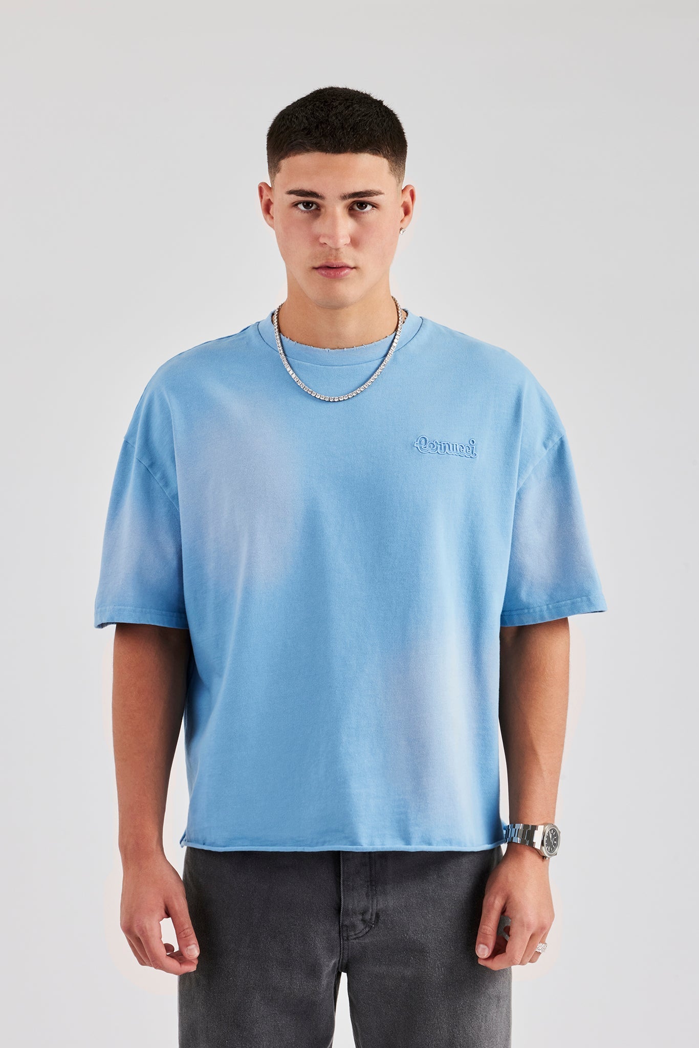 Boxy Washed Embroidered T-Shirt - Blue