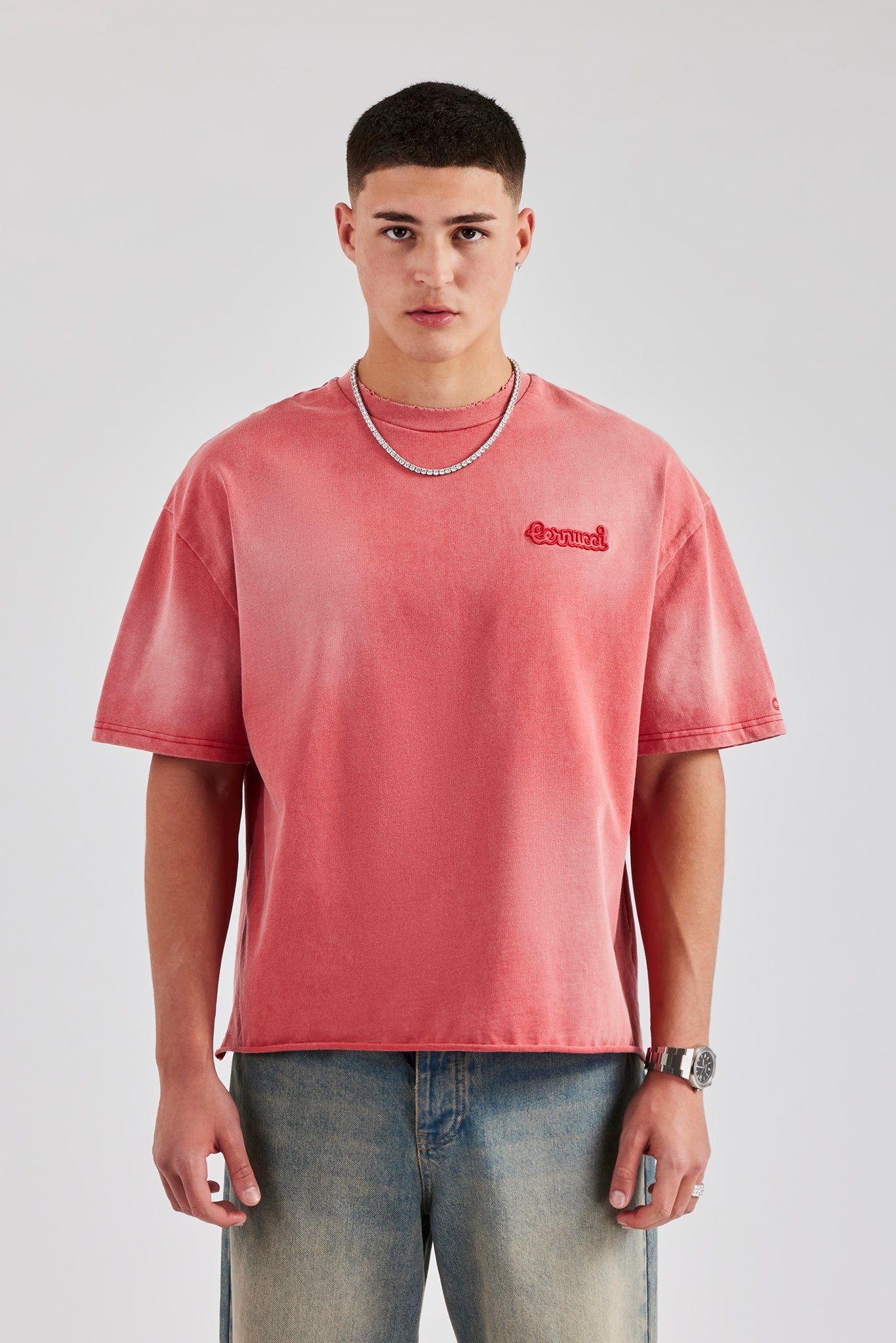 Boxy Washed Embroidered T-Shirt - Red