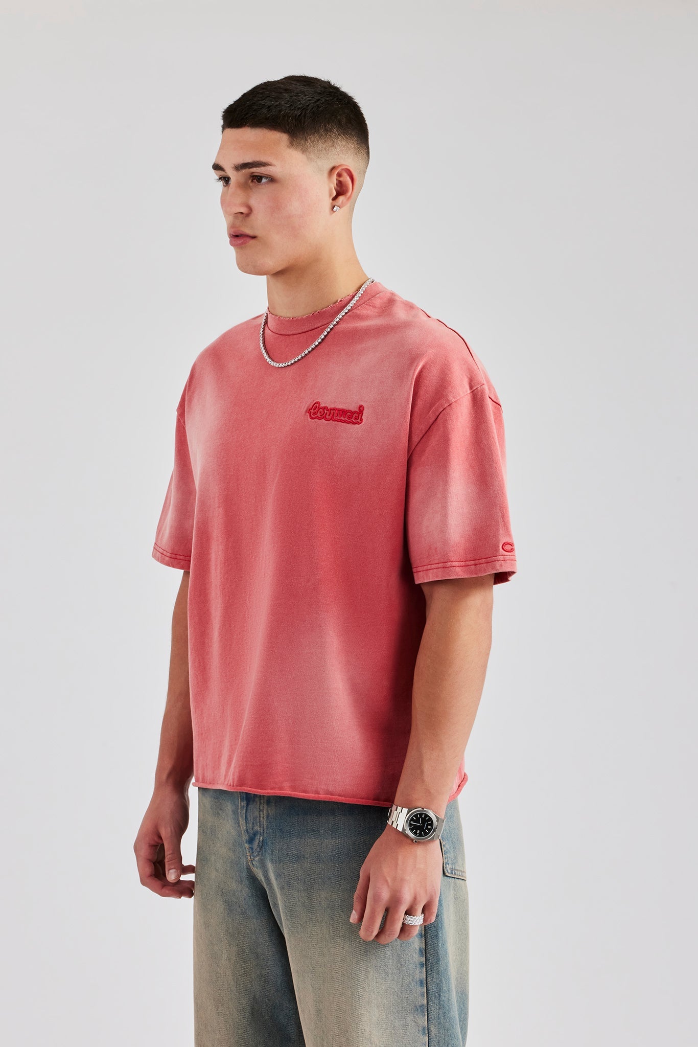 Boxy Washed Embroidered T-Shirt - Red