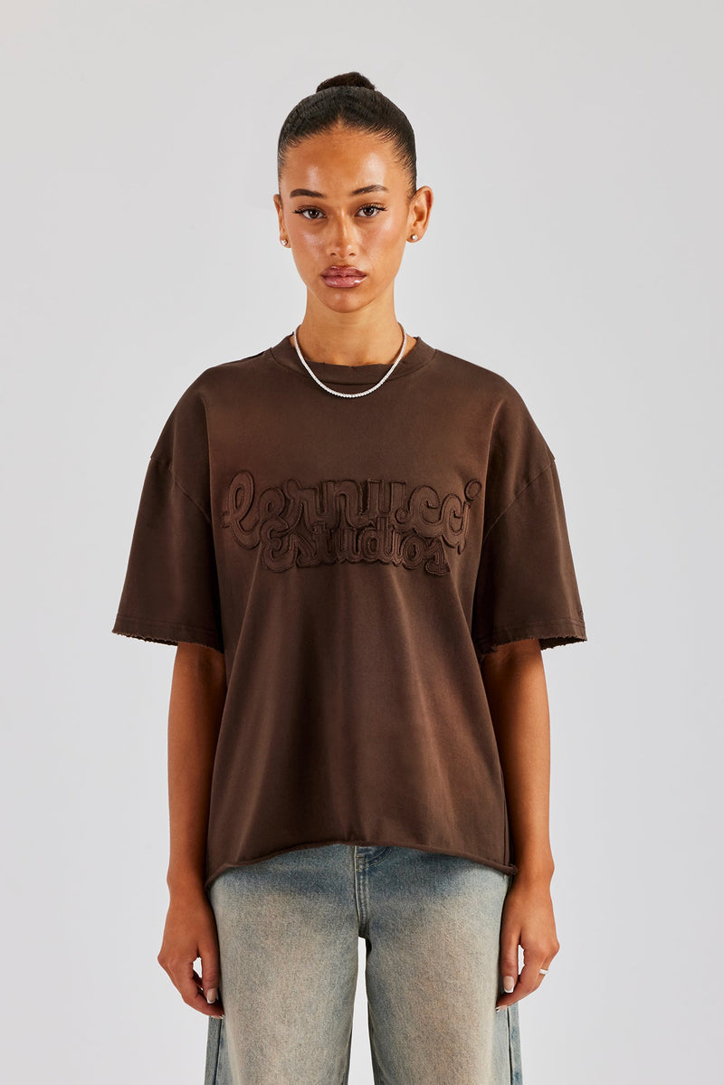 Washed Embroidered Body T-Shirt - Brown