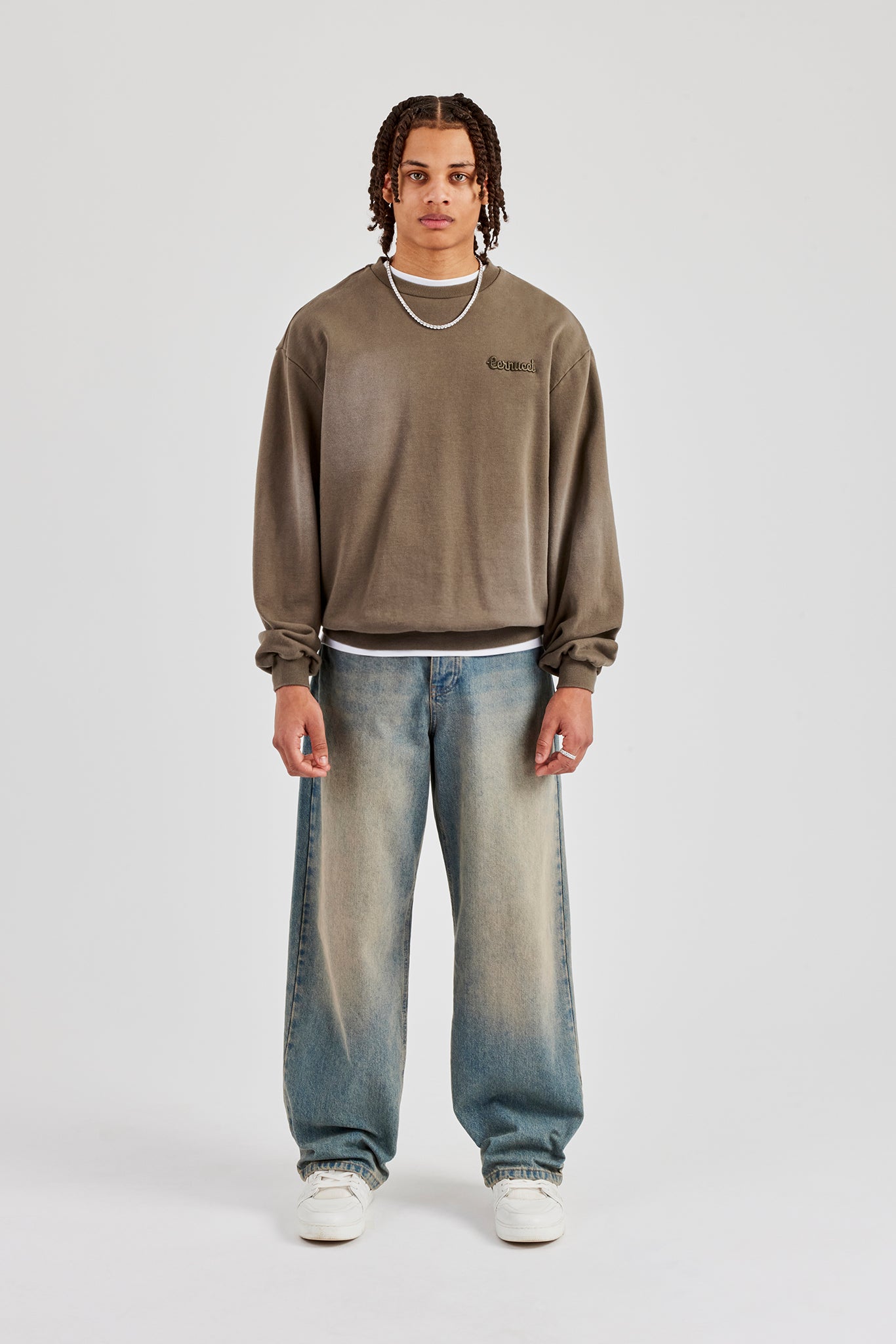 Washed Applique Boxy Sweater - Khaki