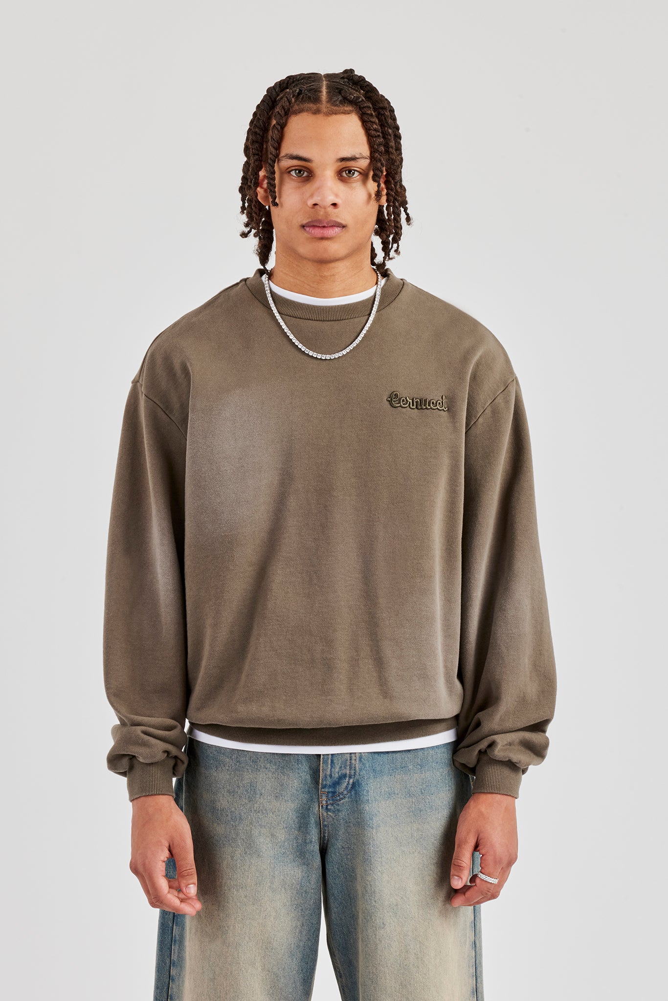 Washed Applique Boxy Sweater - Khaki