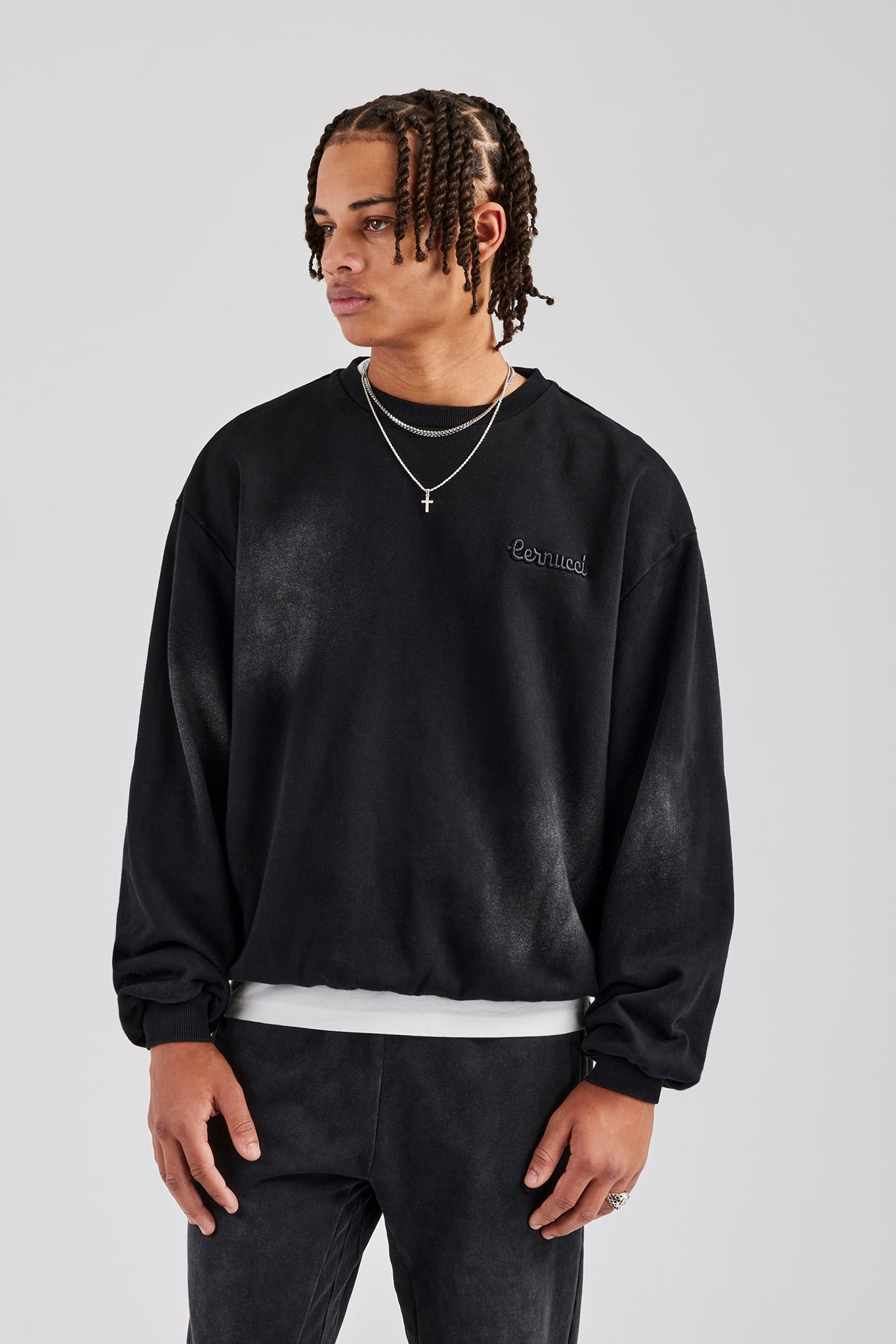 Washed Applique Boxy Sweater - Black | Mens Hoodies & Sweats