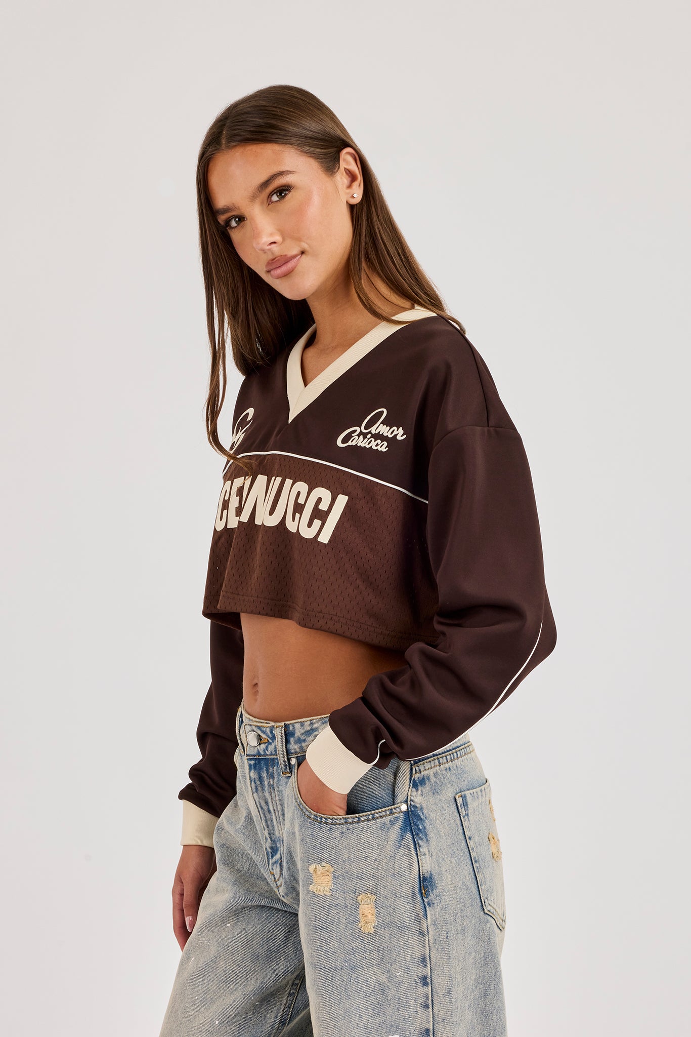 Mesh Mixed Crop Top - Chocolate Brown