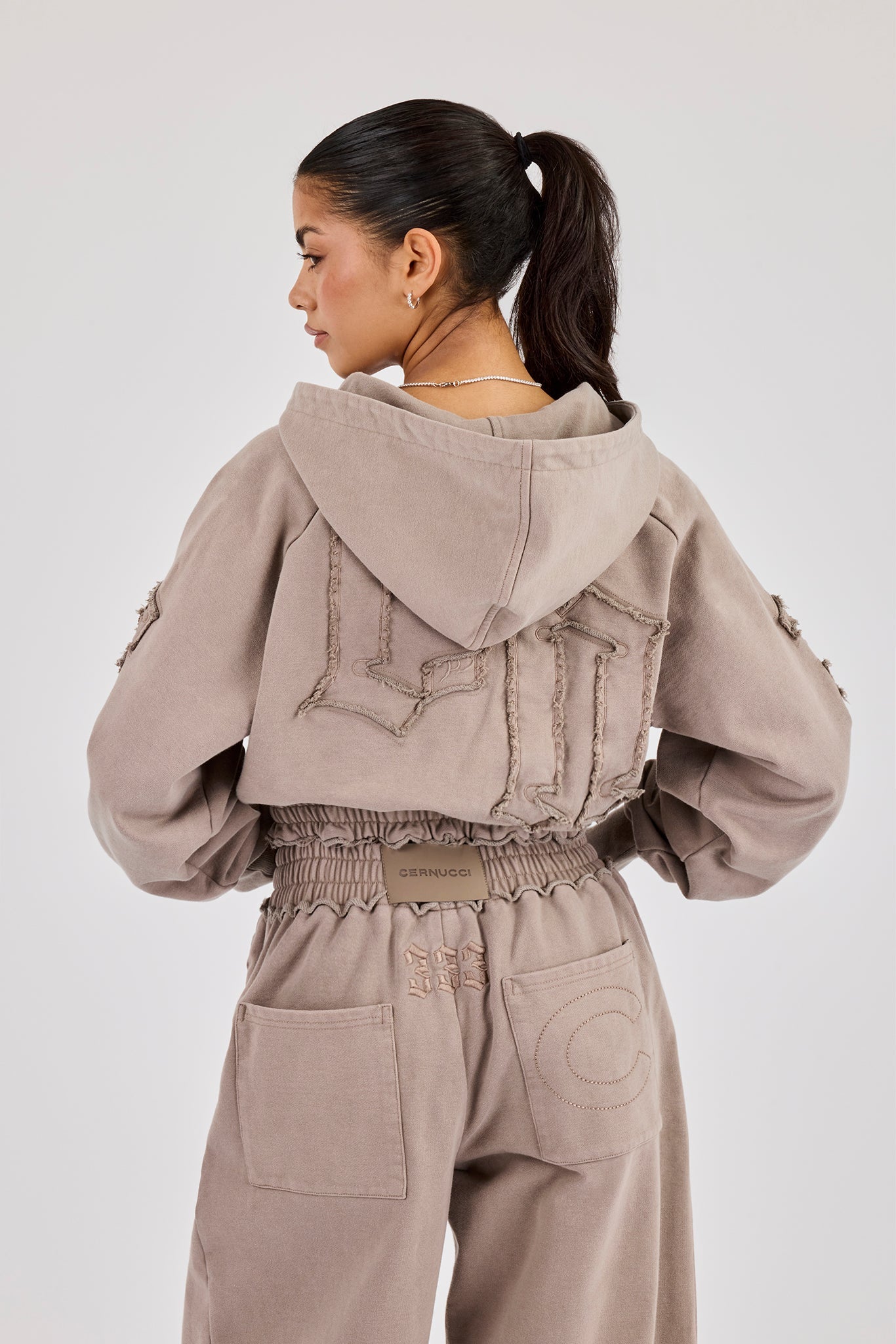 Applique Cropped Zip Hoodie - Washed Taupe