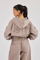 Applique Cropped Zip Hoodie - Washed Taupe