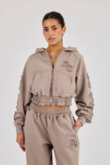 Applique Cropped Zip Hoodie - Washed Taupe