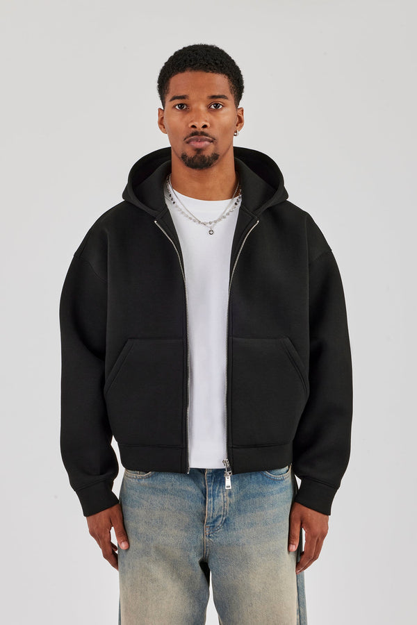 Scuba Zip Through Boxy Hoodie - Black