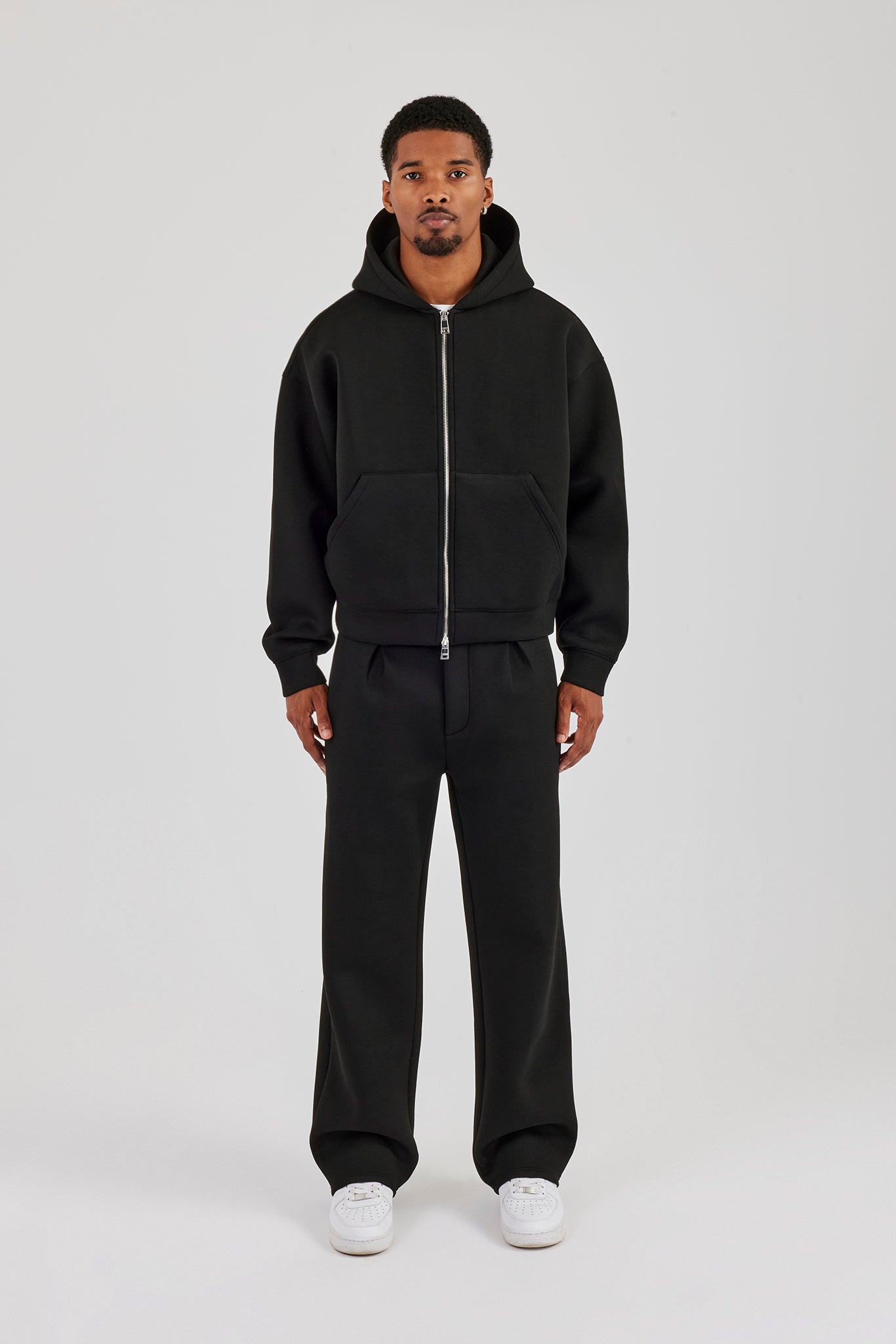 Scuba Zip Through Boxy Hoodie & Relaxed Trouser - Black