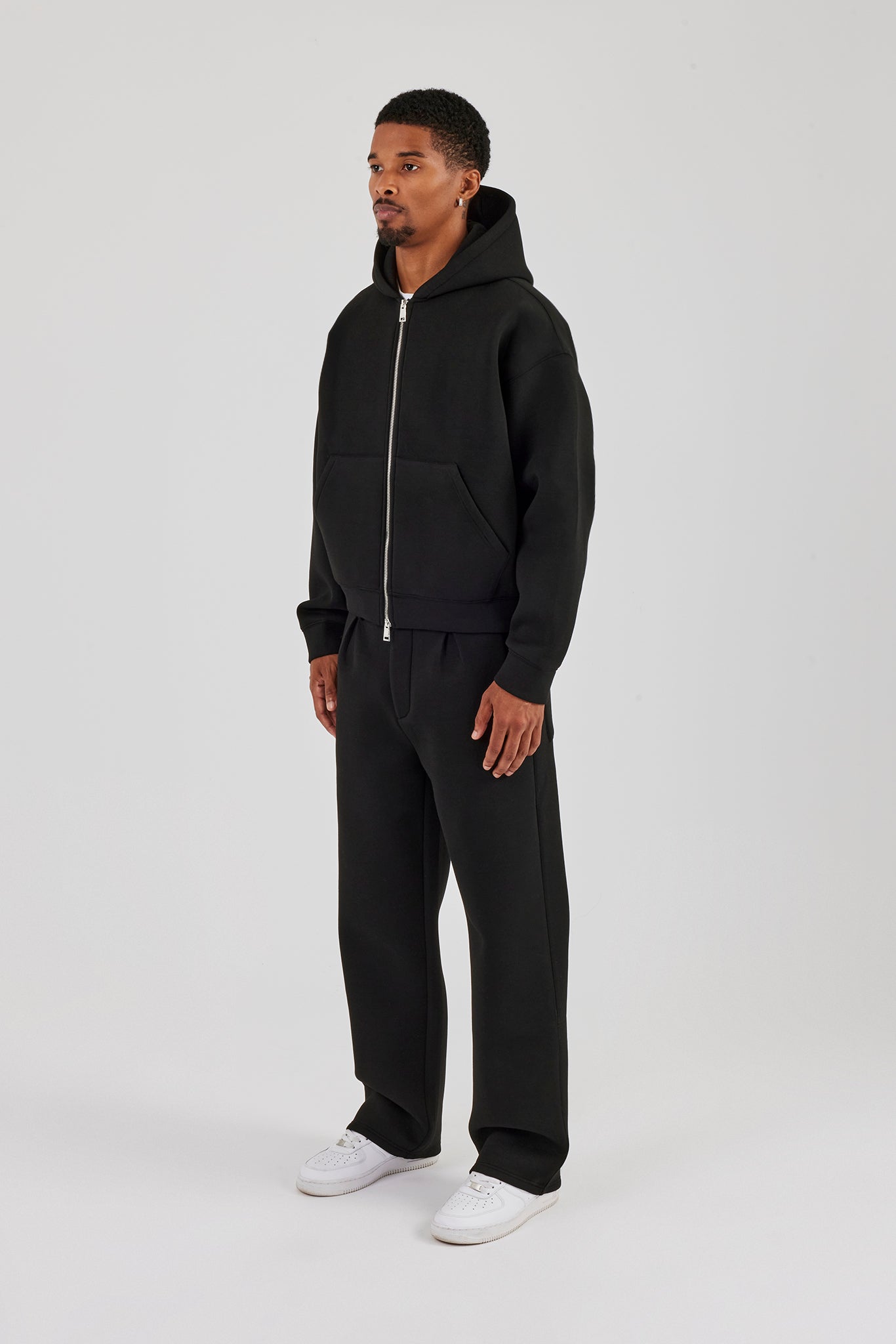Scuba Zip Through Boxy Hoodie & Relaxed Trouser - Black | Mens Scuba Zip Through Boxy Hoodie & Relaxed Trouser - Black | Mens