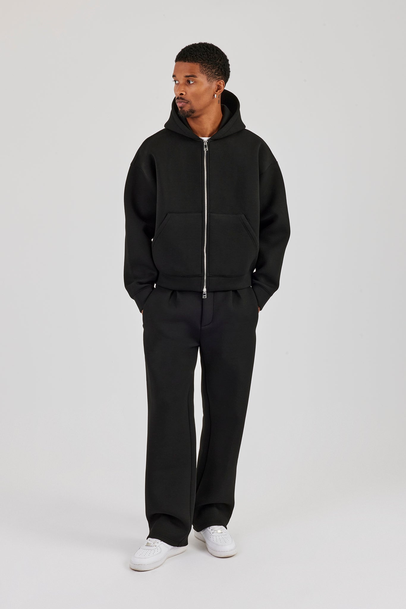Scuba Zip Through Boxy Hoodie & Relaxed Trouser - Black