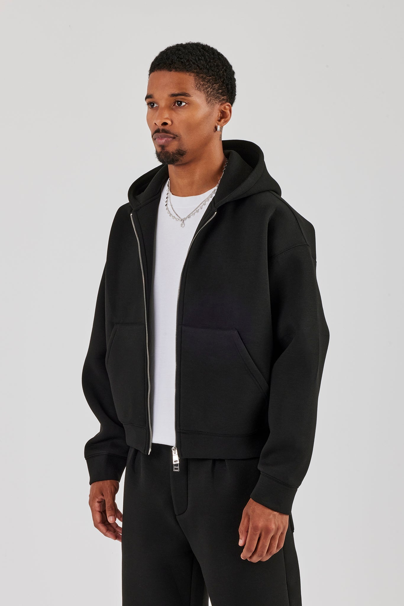 Scuba Zip Through Boxy Hoodie - Black