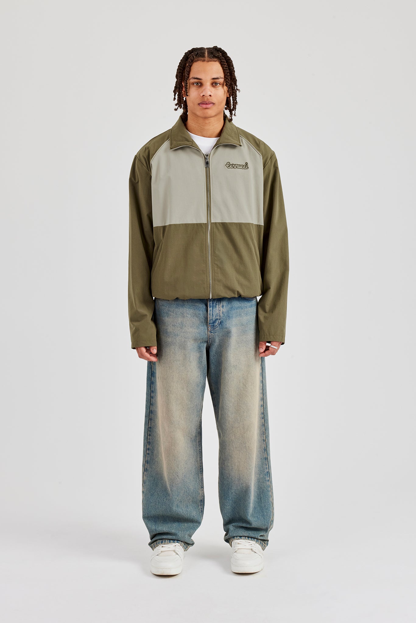 Nylon Panel Funnel Neck Track Jacket - Khaki