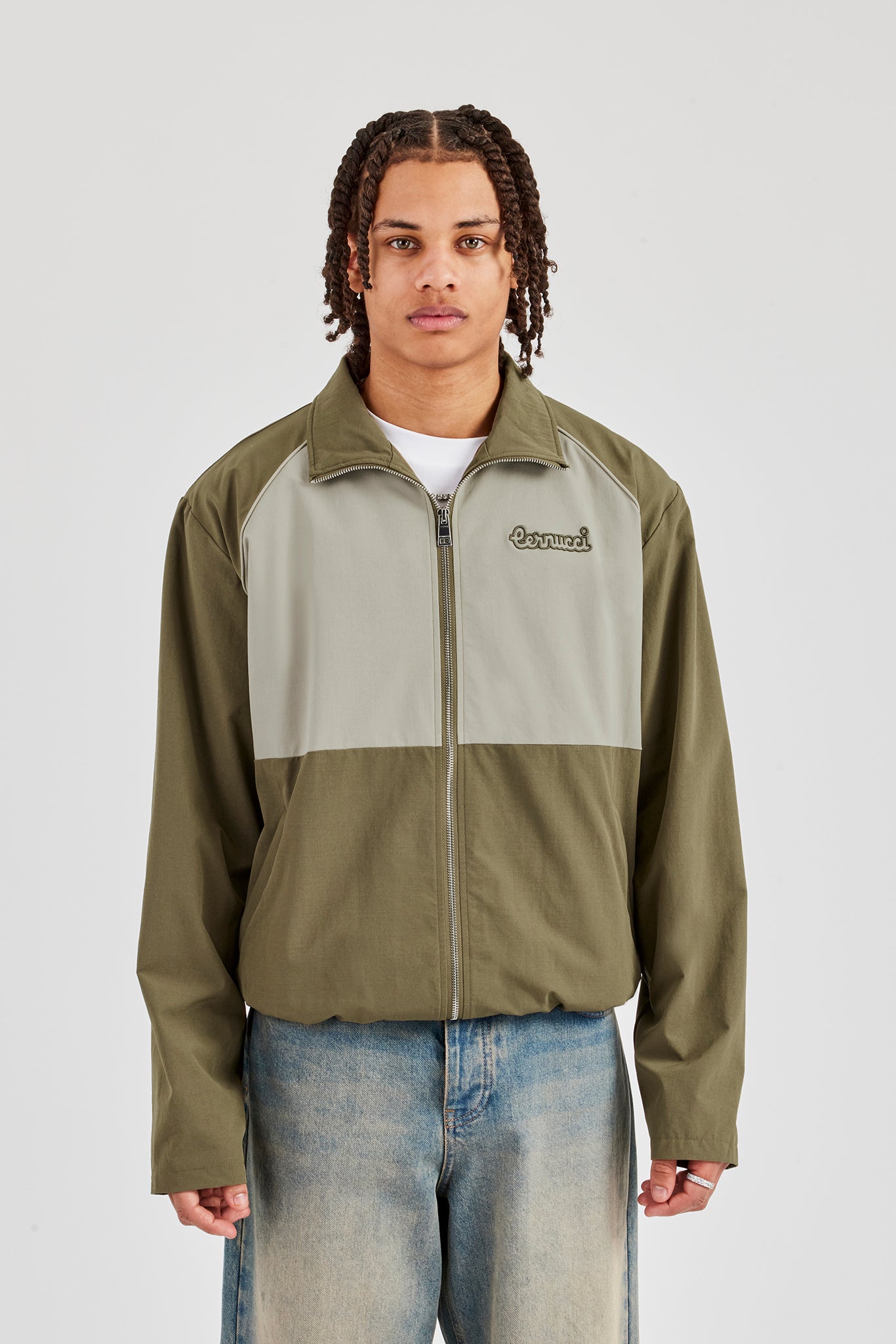 Nylon Panel Funnel Neck Track Jacket - Khaki