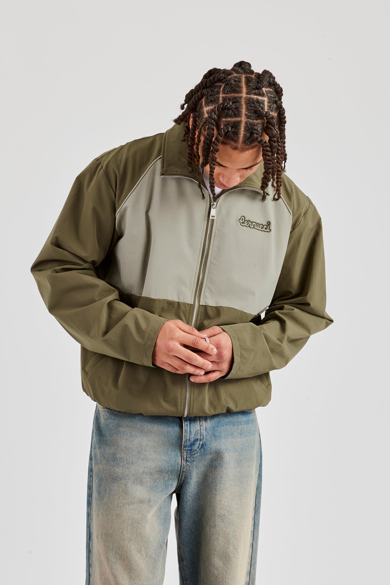 Nylon Panel Funnel Neck Track Jacket - Khaki