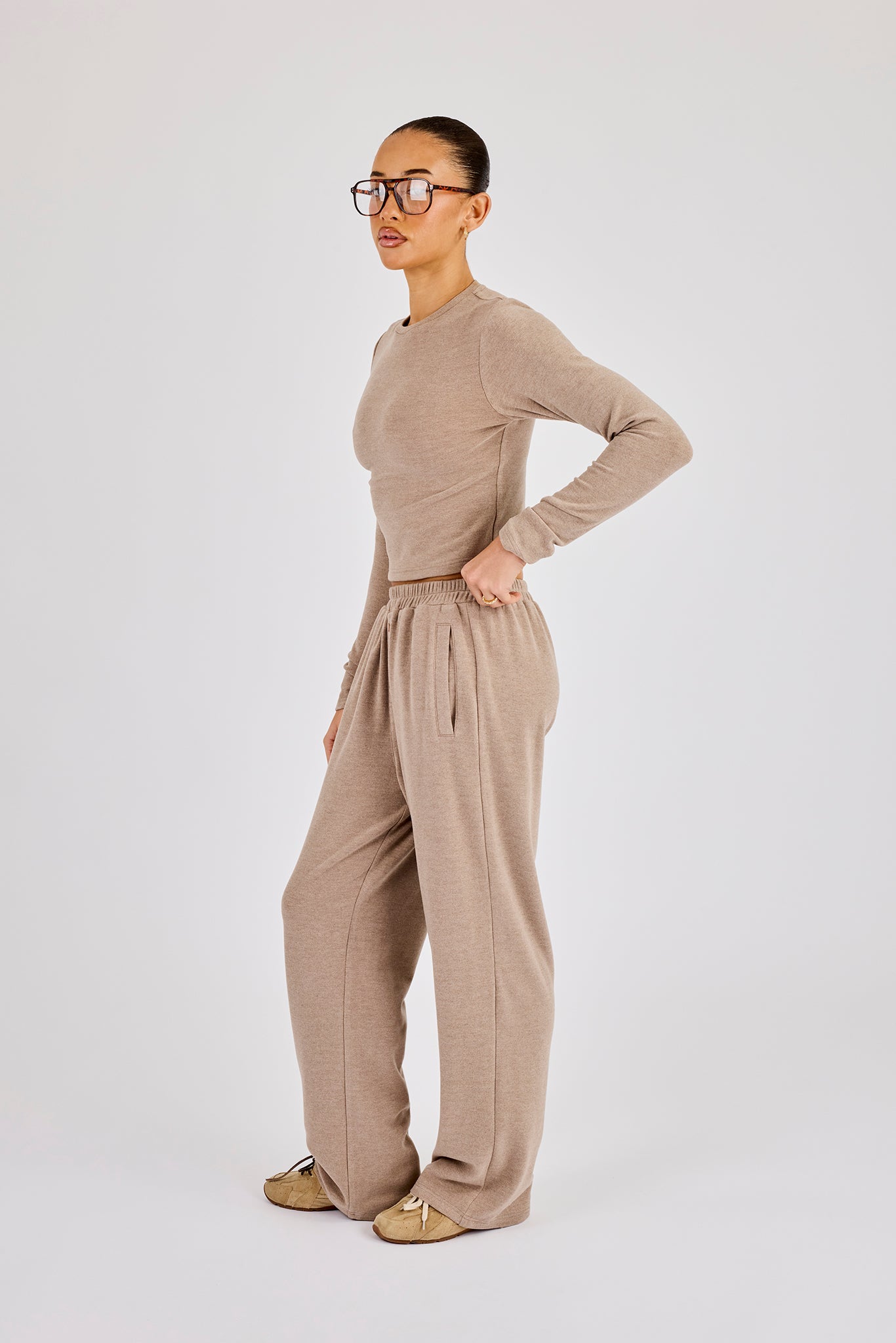Peached Soft Touch Long Sleeve Top & Trouser - Taupe