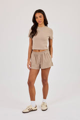 Peached Soft Touch Short Sleeve Top & Button Front Shorts - Taupe